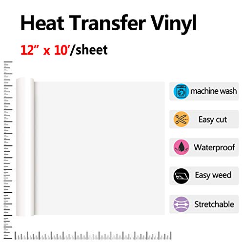RENLITONG White HTV Iron on Vinyl 12Inch by 10ft Roll Heat Transfer Vinyl for T-Shirt HTV Rolls for All Cutter Machine - Easy to Cut & Weed for Heat Transfer Design RENLI·TONG