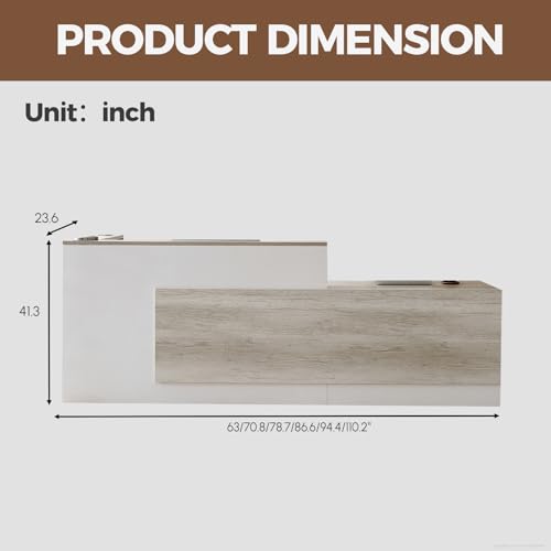 Huariifowm 110" L-Shaped Reception Desk with Counter, Drawers, Open Shelves and Keyboard Tray, Modern Front Desk for Office Reception Area, Oak+Warm White, Right Cabinet Huariifowm