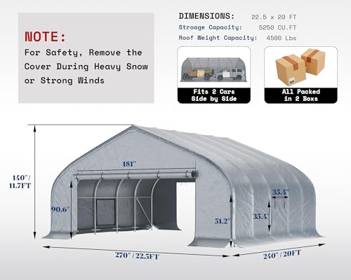 AMERLIFE 22.5 x 20 FT Enclosed Carport, Heavy Duty Car Port, Outdoor Car Shelter with Galvanized Steel Frame, Waterproof PE Cover, Wind & Snow Resistant, Silver AMERLIFE