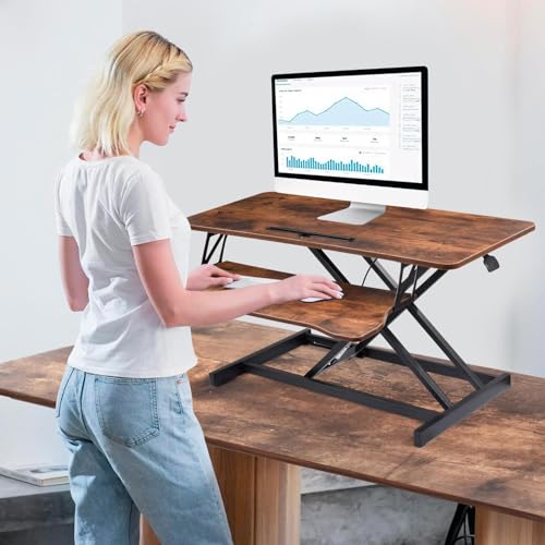 Standing Desk Converter 37 Inch – Easy Assembly Height Adjustable Sit Stand Desktop Riser with GasSpring Lift, Duals Monitor Laptop Workstation and Spacious Keyboard Tray, Ergonomic Converter (Brown) Generic