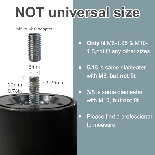 Adjustable Bed Base Replacement Legs Set, 12-Inch M8 Thread with M10 Adapters, 3-Section, Durable Black Finish Skuehod