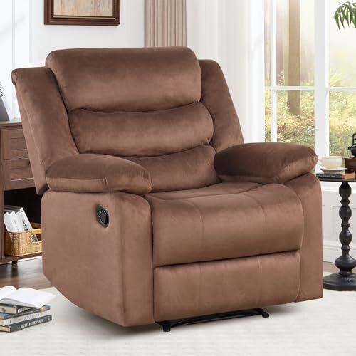 CANMOV Manual Recliner Chair for Adults, Upholstered Fabric Sofa Chair with Overstuffed Arms and Back, Manual Single Sofa for Living Room & Bedroom, Brown