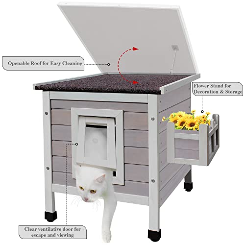 HiCaptain Outdoor Cat House, Weatherproof Feral Cat House with Escape Door, Outside Wooden Single Story Pet House for Cats, Puppies and Small Pet - Grey HiCaptain