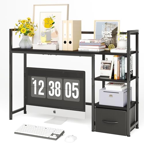 Desk Shelf with Drawer, 41.3" Desktop Organizer Shelf, Desk Hutch for Computer Monitor Max 32", 3 Tier Desktop Display Rack, Wooden Desk Top Bookshelf Storage Rack for Home Office Dorm, Black Mexin
