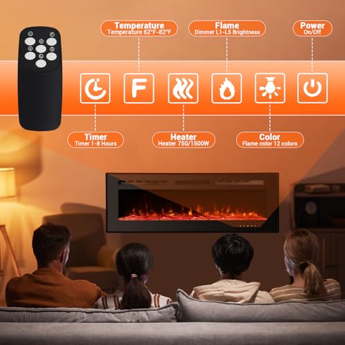 Takywep Electric Fireplace, 60 Inches, 5120 BTU Heat Output, 12 Flame Color, Black, Wall-Mounted or Recessed, Timer, Quiet Operation, Multicolor Flame, Faux Logs, Crystal Stones Takywep