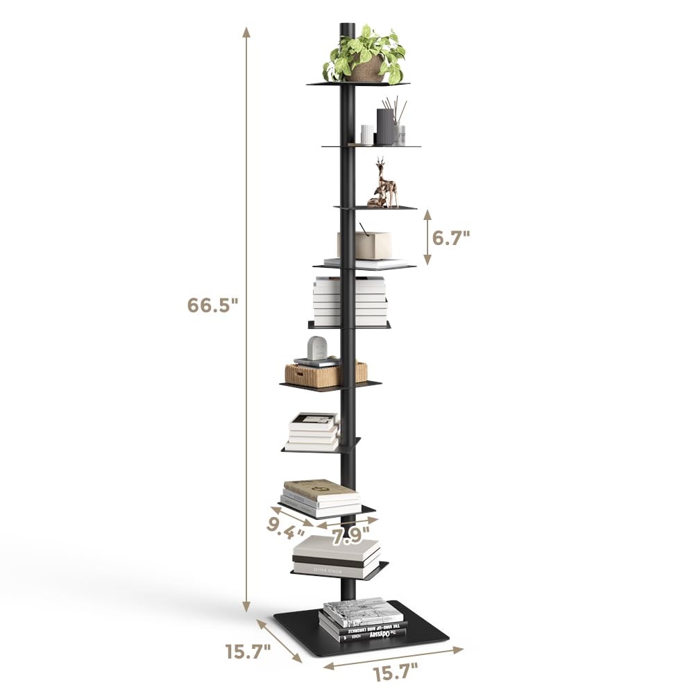 Nidouillet 9-Tier Metal Spine Bookshelf, Adjustable Vertical Tower for Books, Tall & Narrow Ladder Bookcase, Space-Saving Multipurpose Corner Storage Shelf, Display Stand, Tool-Free Assembly, Black Nidouillet
