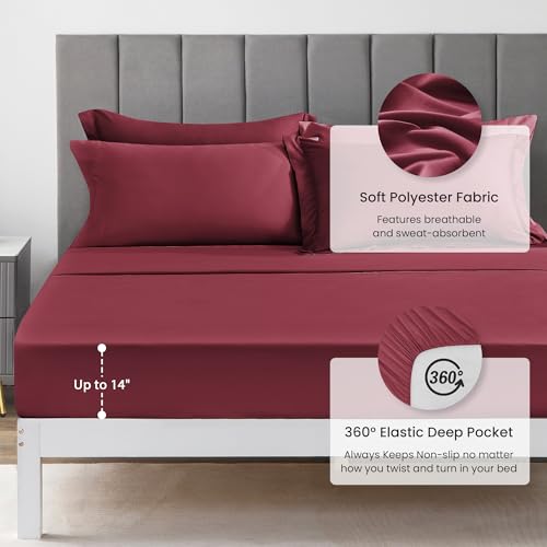 Love's cabin Twin Comforter Set Burgundy, 5 Pieces Twin Bed in a Bag, All Season Bedding Sets with 1 Comforter, 1 Flat Sheet, 1 Fitted Sheet, 1 Pillowcase and 1 Pillow Sham Love's cabin