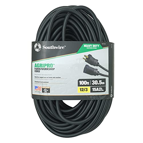Southwire AGRIPRO 12/3 Heavy Duty Extension Cord, 100ft, Farm/Workshop Cord, SJTOW, Black, 64817201 Southwire