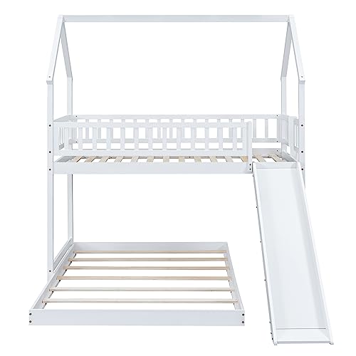 Twin Over Full House Bunk Beds with Slide,Kids Bunk Beds with House Shape and Slide,Solid Wooden House Bunk Bed with Slide and Built-in Ladder, Full-Length Guardrail for Kids Teens Girls Boys.(White) Bellemave