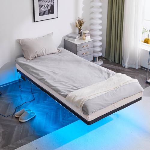 VINGLI 14 Inch Twin Floating Bed Frame with USB Charging Station/LED Lights, Single Platform Bed Foudation Base Heavy Duty Metal Slat, No Box Spring Needed,Black VINGLI