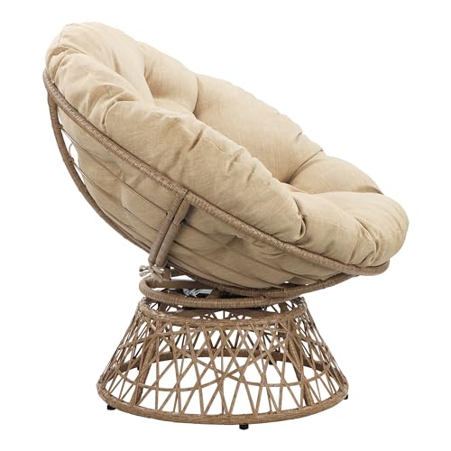 OSP Home Furnishings Wicker Papasan Chair with 360-Degree Swivel, Natural Frame with Cream Cushion OSP Home Furnishings