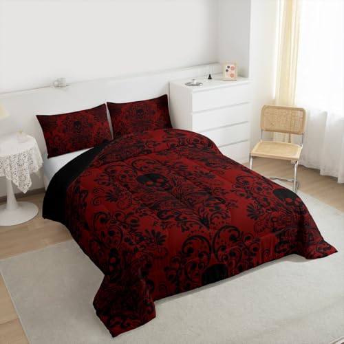 Feelyou Adults Gothic Skull Bedding Set Queen Size Kids Damask Print Comforter Goth Bohemian Duvet Breathable Soft Lightweight Microfiber Black Red Room Decor with 2 Pillowcases Feelyou