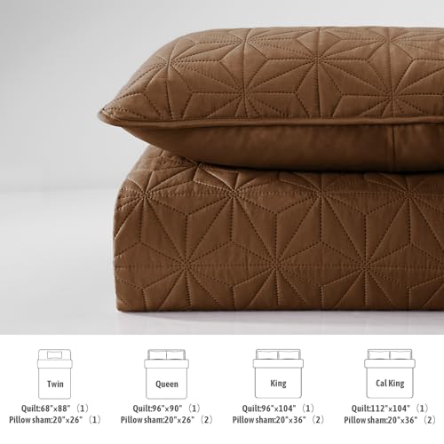 Whale Flotilla King Quilt Bedding Set, Soft Brown Bedspreads Quilts King Size for All Seasons, 3 Pieces Lightweight Geometric Star Pattern Coverlet Whale Flotilla