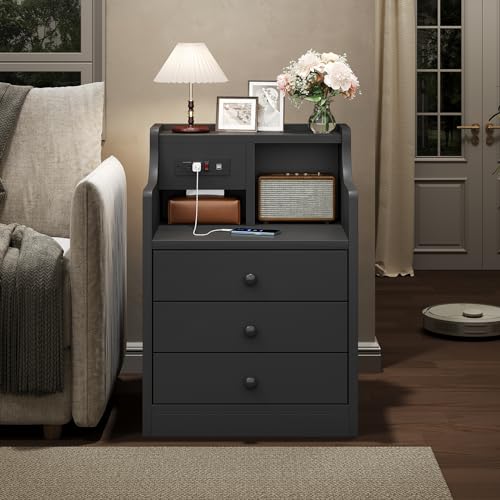 Tiptiper Black Nightstand with Charging Station 3 Drawers, Wood Sofa End Side Table with USB Ports and Outlet, Bedside Table Bedroom Nightstand with Sliding Drawer & Hutch Tiptiper