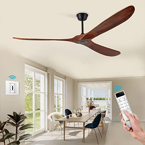 Chriari 60'' Ceiling Fan With Remote and Wall Control, Walnut Ceiling Fan with 3 Wood Blades, 6 Speeds Smart Timing Reversible DC Motor, Modern Black Ceiling Fan for Indoor Outdoor Farmhouse/Patios Chriari