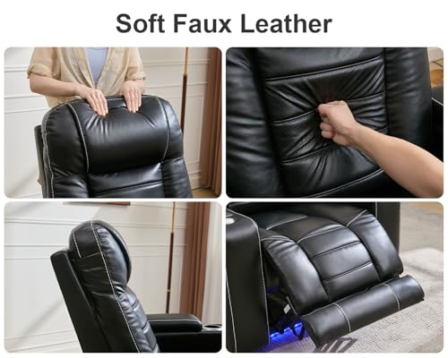 Power Recliner with Zero Gravity,Adjustable Headrest,Wireless Charger,LED Light Faux Leather Electric Reclining Chair Home Theater Seating USB Type-C Port,Cup Holder,Tray Table,Extended Footrest Black