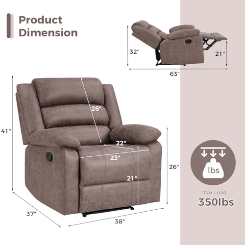 ANJ Manual Recliner Chair for Adults, Faux Leather Reclining Chair with Padded Arms and Overstuffed Backrest, Single Recliner Sofa for Living Room, Coffee Brown