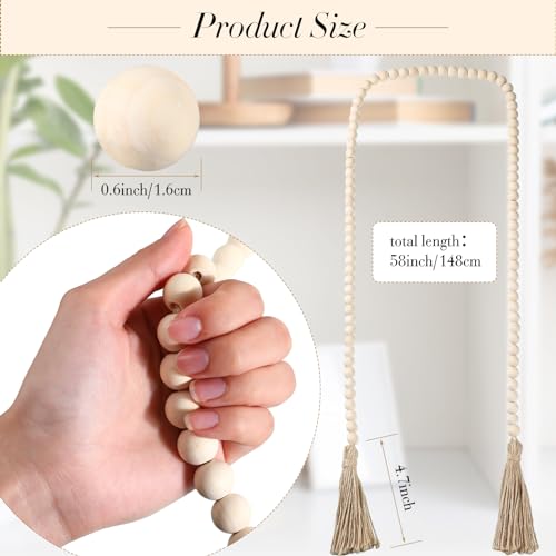 Geetery 6 Pcs Beads 58'' Wood Bead Garland with Tassels Rustic Country Decor Prayer Boho Beads Big Wall Hanging Decor Farmhouse Beads Versatile Prayer Beads for Home Wall Table Decor (White) Geetery