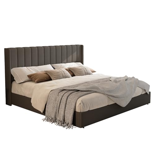 Jocisland King Size Lift Up Storage Bed Frame, Linen Upholstered Platform Bed with Vertical Channel Tufted Headboard and Wingback, Hydraulic System, No Box Spring Needed, Wood Slats Support, Dark Gray Jocisland