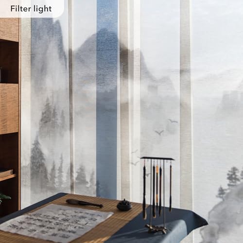 GoDear Design Deluxe Sheer Adjustable Sliding Panel Track Blind 45.8"- 86" W x 96" H, Extendable Track, Shimmering Natural Woven Fabric, Landscape Ink Wash Painting, Digital Art Prints, Shangri-La GoDear Design