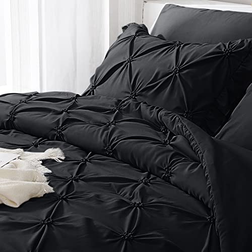 JOLLYVOGUE Black Twin Size Comforter Sets 5 Pieces, Pintuck Bed in a Bag Comforter Set for Bedroom, Bedding Comforter Sets with Comforter, Sheets,Ruffled Shams & Pillowcases JOLLYVOGUE