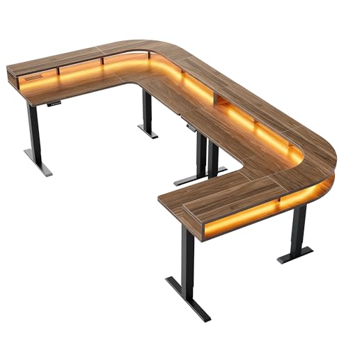 HUANUO U-Shape Standing Desk with LED Strip & Power Outrlets, 2-Tier Height Adjustable Sit Stand up Gaming Desk with Power Strip Holder, Large Computer Table for Home Office, Walnut HUANUO