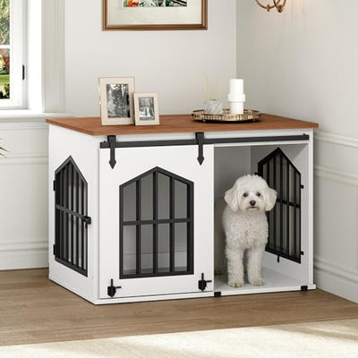MAHANCRIS Dog Crate Furniture, 31.5" Farmhouse Dog Kennel with Sliding Barn Door, Wooden Dog Cage for Small Medium Dogs, Decorative Pet House Side End Table, Chew-Resistant, White and Walnut DCBA9601