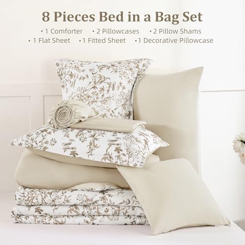 WONGS BEDDING Comforter Set King Size, 8 Pieces Brown Floral Botanical Comforter Sets, Bed in a Bag Soft Lightweight Microfiber Bedding Sets for All Seasons (90"x104") WONGS BEDDING