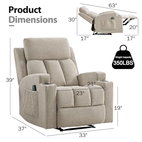 CANMOV Manual Recliner Chair with Massage and Heat,Comfy Recliner Chair Sofa with Overstuffed Arms and Back, Manual Reclining Single Sofa with 2 Cup Holders, Side Pocket for Living Room,Beige