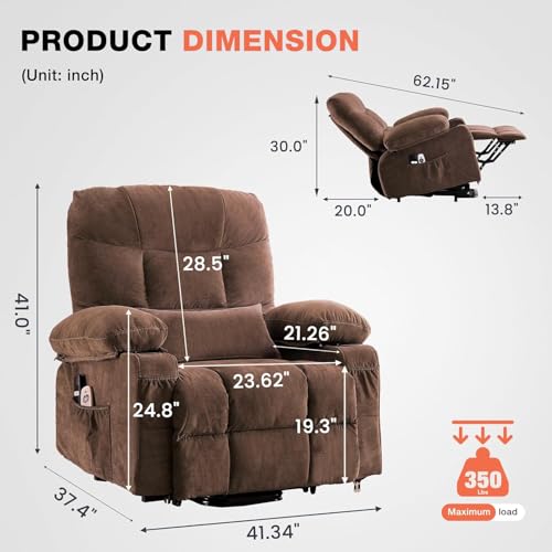 Ultra Wide Power Lift Recliner Chair for Elderly,Rotating Lounge Chair with Hot Massage Heating and Auxiliary Standing Function,Oversized Lazyboy Single Sofa with Cup Holder for Living Room (Brown)