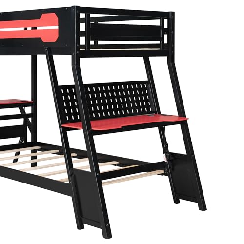 NCKMYB Bunk Bed with 2 Built-in Gaming Desks, Features USB Ports, Desktop Pegboards & Shelves, Space-Saving Loft Frame for Gaming Rooms & Small Spaces (Red+Bunk+Twin) NCKMYB