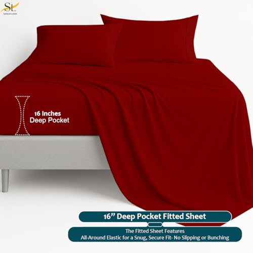 Cal King Sheet Set - 4 Piece Ultra Soft Brushed Microfiber Bed Sheets - 15" Deep Pockets, Wrinkle-Free & Breathable for a Secure Fit Sheets & Pillowcases (California King, Burgundy) Shreem Linen