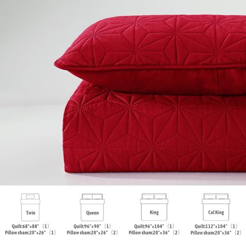 Whale Flotilla King Quilt Bedding Set, Soft Bright Red Bedspreads Quilts King Size for All Seasons, 3 Pieces Lightweight Geometric Star Pattern Coverlet