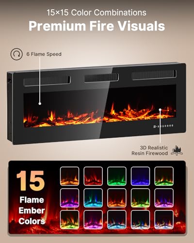 Electric Fireplace 50 Inch with 3 Remotes, Recessed or Wall Mounted Electric Fireplace Insert with 15 Flame Colors & 6 Adjustable Speeds, 1500/750W Linear Fireplace Heater, 12H Timer, Log & Crystal FODINGHILL