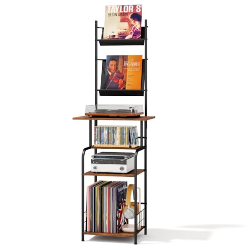 Homsorout Record Player Stand with Vinyl Storage - 6-Tier Turntable Table with Adjustable Feet, Metal & Wood Cabinet - Console Organizer Display Shelf for Living Room, Apartment Homsorout