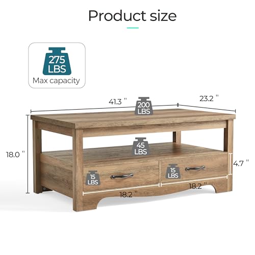 LINSY HOME Farmhouse Coffee Table with Storage, Wood Coffee Table for Living Room, Open Display Area and Storage Drawers with Metal Handles, Chic Style with Curved Base. Brown LINSY HOME
