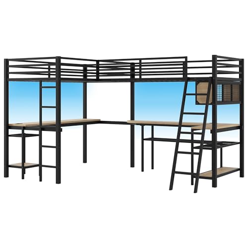 Harper & Bright Designs Double Loft Bed Twin Size with Desk and Shelves for Storage, Heavy Duty Metal Loft Bed Frame with LED and Charging Stations, Black Harper & Bright Designs