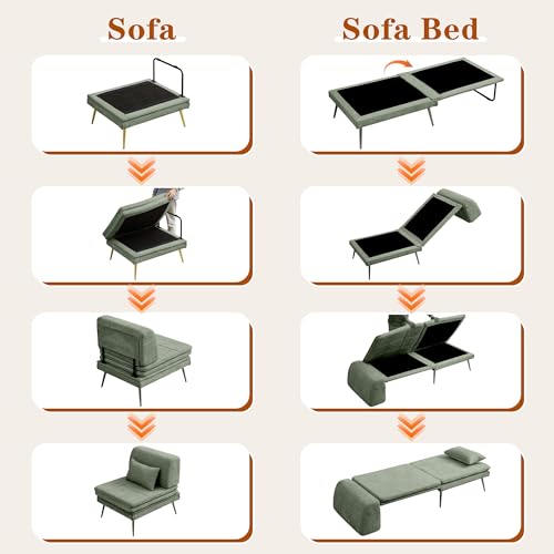 wanan Convertible Sofa Bed, 3-in-1 Futon Sleeper Chair with Back Support & Pillow, Chenille Fabric Single Daybed with Solid Wood Frame & Sturdy Metal Legs, for Living Room Bedroom, Vintage Green wanan