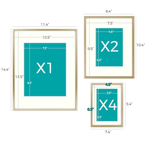 Frametory, Aluminum Picture Frames Set of 7 - Gold Gallery Wall Kit - Displays One 11x14, Two 8x10, and Four 5x7 inch Photos for Home Decoration Frametory