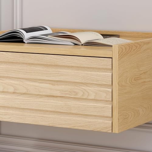 homary Floating Wooden Nightstand with Light & Charging Station, Wall Mounted Nightstand with Drawer, Wireless Charging, USB Ports, Modern Natural Floating Bedside Table for Bedroom homary