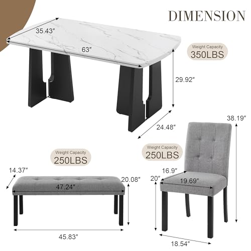 Merax 6-Piece Dining Table Set with Modern Faux Marble Oval Kitchen Tabletop, Four Upholstered Chairs and One Bench for Dining, Living Room, Kitchen, Easy Assembly, White+Gray Merax