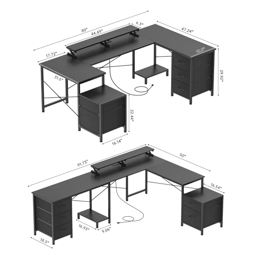 U Shaped Gaming Desk, Reversible L Shaped Computer Desk with Power Outlets & USB Ports, LED Strip & Monitor Stand with Fabric Drawers, Large Corner Desk with Storage Shelves for Home Office, Black iabifo