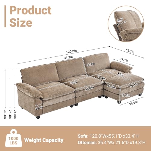 VINGLI Convertible Modular Sectional Sofa with Deep Seat & Movable 2-Layer Ottoman, L-shape Cloud Sofa with Chaise &Armrests, Oversized 3-Seater Couch for Living Room & Apartment, Chenille,Light-Brown VINGLI