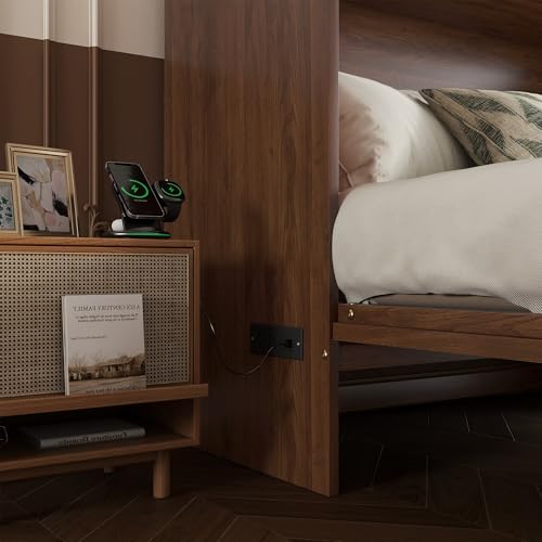 KEIKI Queen Murphy Bed Cabinet with Charging Station & Rattan Design – Space-Saving Wall Bed with Large Storage Drawer, Foldable Platform Bed for Small Rooms – Sturdy Pine Wood Construction, Walnut KEIKI