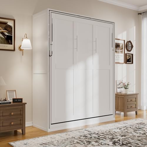 SOFTSEA Queen Murphy Bed with Rotating Frame, Storage Shelves, Foldable Wall Bed Frame with Bookcase, Hidden Murphy Bed Cabinet for Home Office, Guest Room, Space-Saving, White SOFTSEA