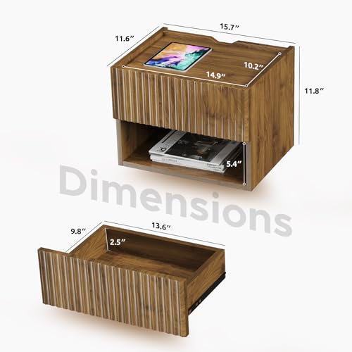 Floating Nightstand Bedroom Bedside Table - Floating Night Stand Set 2 for Small Spaces, Wall Mounted Cabinet with Storage Drawer, Brown Modern Night Stand for Dorm Hallway Entryway Lazzanto