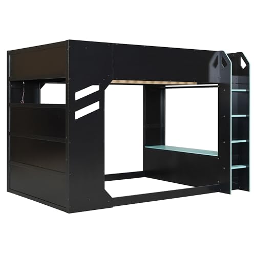 Tdewlye Unique Full Size Wood Gaming Loft Bed with Height-Adjustable Desk,Drawers,Storage Compartments,Hanging Rod and RGB Lights,for Kids Teens Adults Bedroom Use (Blue#RGB, Full) Tdewlye