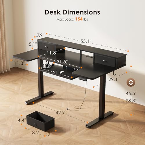 OffiGo U Shaped Electric Standing Desk with Drawers, 55 Inch Height Adjustable Desk with Keyboard Tray & Ergonomic Monitor Stand, Sit Stand Table with Power Outlets for Home, Office, Black OffiGo