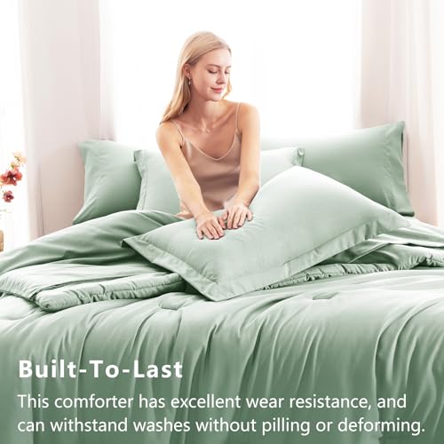 CozyLux Queen Comforter Set Sage Green, 7 Pieces Bed in a Bag Queen Comforter Set with Sheets, Luxury Soft Bedding Sets with Down Alternative Comforter, Fitted Sheet, Flat Sheet, Pillowcases & Shams CozyLux