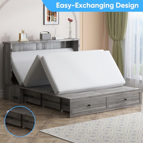 Mjkone Murphy Bed, Cabinet Murphy Bed with Tri-Fold Memory Foam Mattress, Farmhouse Wooden Cabinet Beds with USB Charging Station and 2 Storage Drawers for Bedroom/Office/Guest Room-Gray, Queen Mjkone